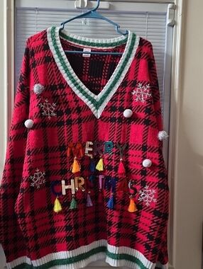 UGLY CHRISTMAS SWEATER Holiday Time Red, Green and White Festive Knit Sweater